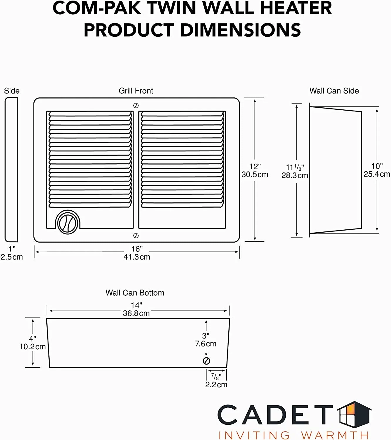 Cadet Com-Pak Twin Electric Wall Heater Complete Unit with Thermostat Model: CSTC402TW, Part: 67527, 13648/10236 BTU, 240/208 Volt, 4000/3000 Watt, White