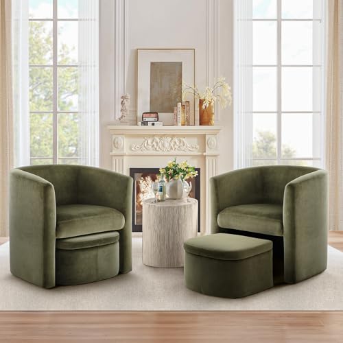 COLAMY Upholstered Velvet Barrel Accent Chair with Storage Ottoman, Morden Living Room Chair with Lounge Seat for Bedroom/Reading Spaces, Green