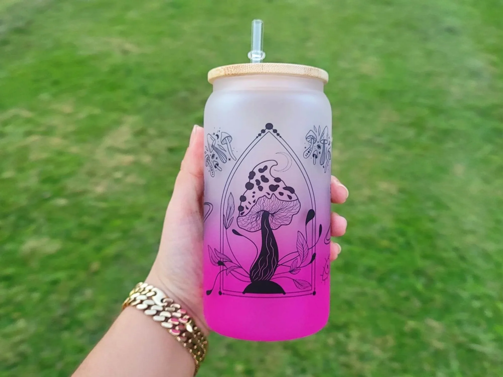 Mushroom Beer Can Glass | Boho Mushroom Coffee Glass | Aesthetic Coffee Glass | 16 oz