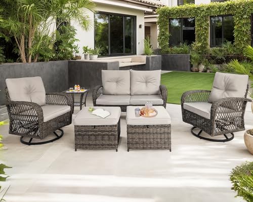 6 Pieces Patio Furniture Set, Outdoor Wicker Sofa Couch with 360° Swivel Rocking Chairs,Patio Conversation Sets with Ottoman and Coffee Table for Outside Porch Backyard Pool (Gray)