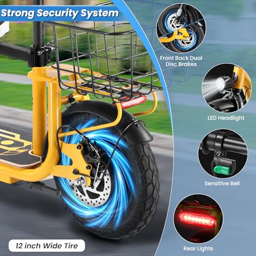 Caroma Peak 500W/800W/1200W Electric Scooter with Seat, 30 Miles Max Range Electric Scooter Adults&Teens, 48V Large Battery, 20MPH Top Speed Foldable Ebike, Adjustable E-Bike with Basket&Kid Seat