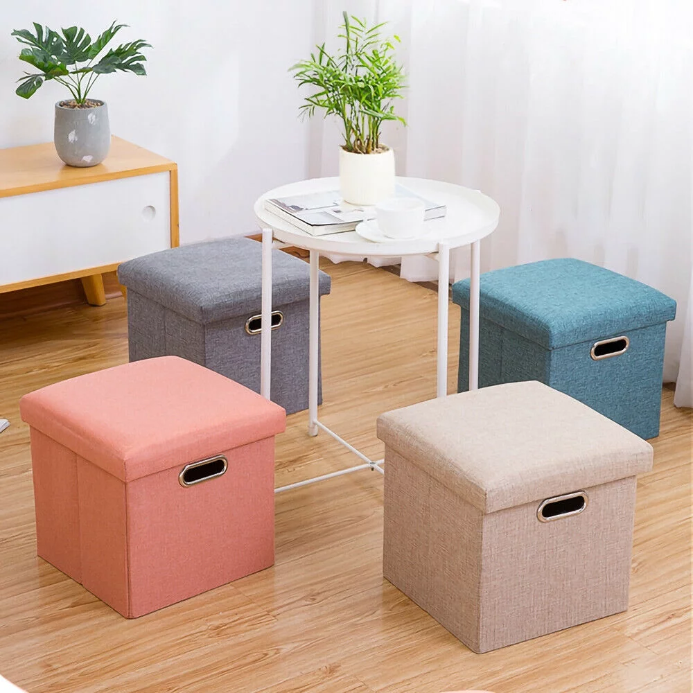 Square 11.8'' Linen Foldable Hollow Design Storage Ottoman Footrest Stool Seat
