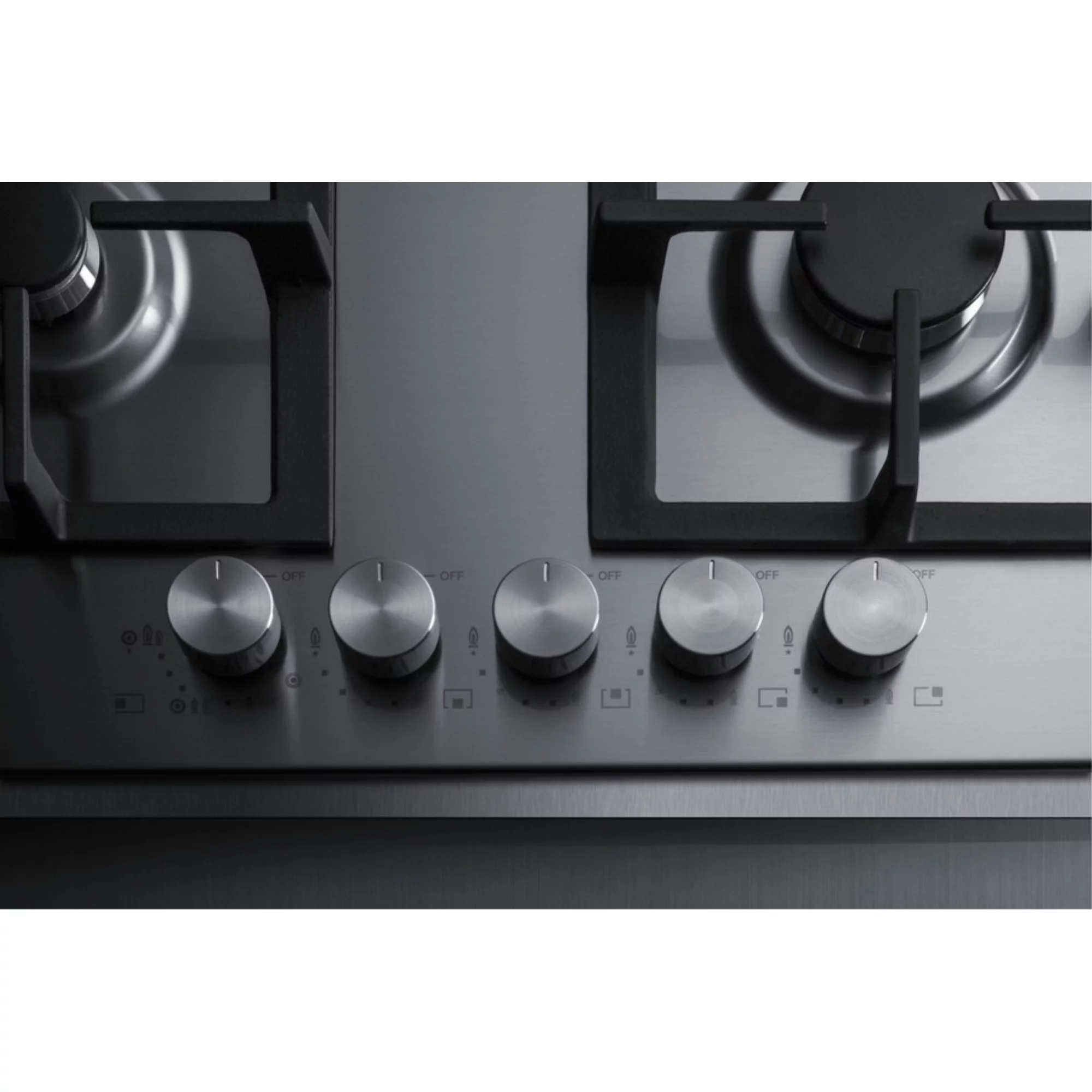 5-burner gas cooktop made in Italy in stainless steel with 36" wide SS trim kit, sealed dual flame burner, cast iron grates, and wok stand