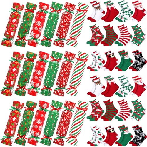 Bonuci 48 Pcs Fuzzy Christmas Socks Bulk for Women Candy 24pcs Fluffy Soft Plush Christmas Socks and 24pcs Candy Gift Boxes for Winter Holiday Indoor Home Xmas Party