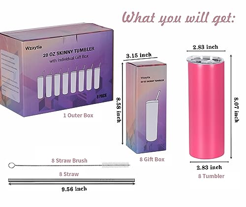 20 Oz Stainless Steel Straight Skinny Tumbler Set (8 Pack), Insulated Slim Thin Travel Cup with Lid, Black