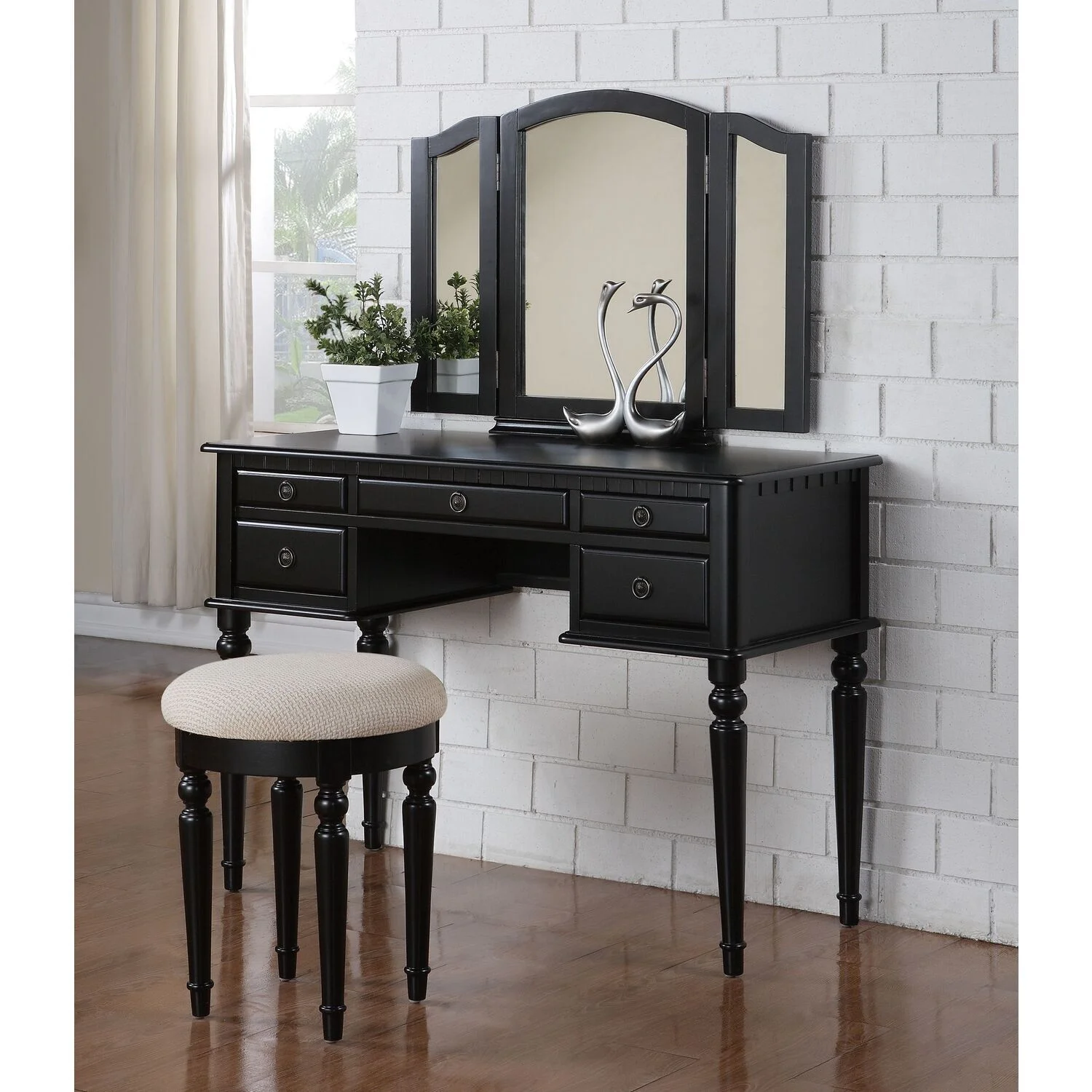 Maykoosh Victorian Vintage Furniture Wood Vanity Set with Mirror and Stool in Black Color