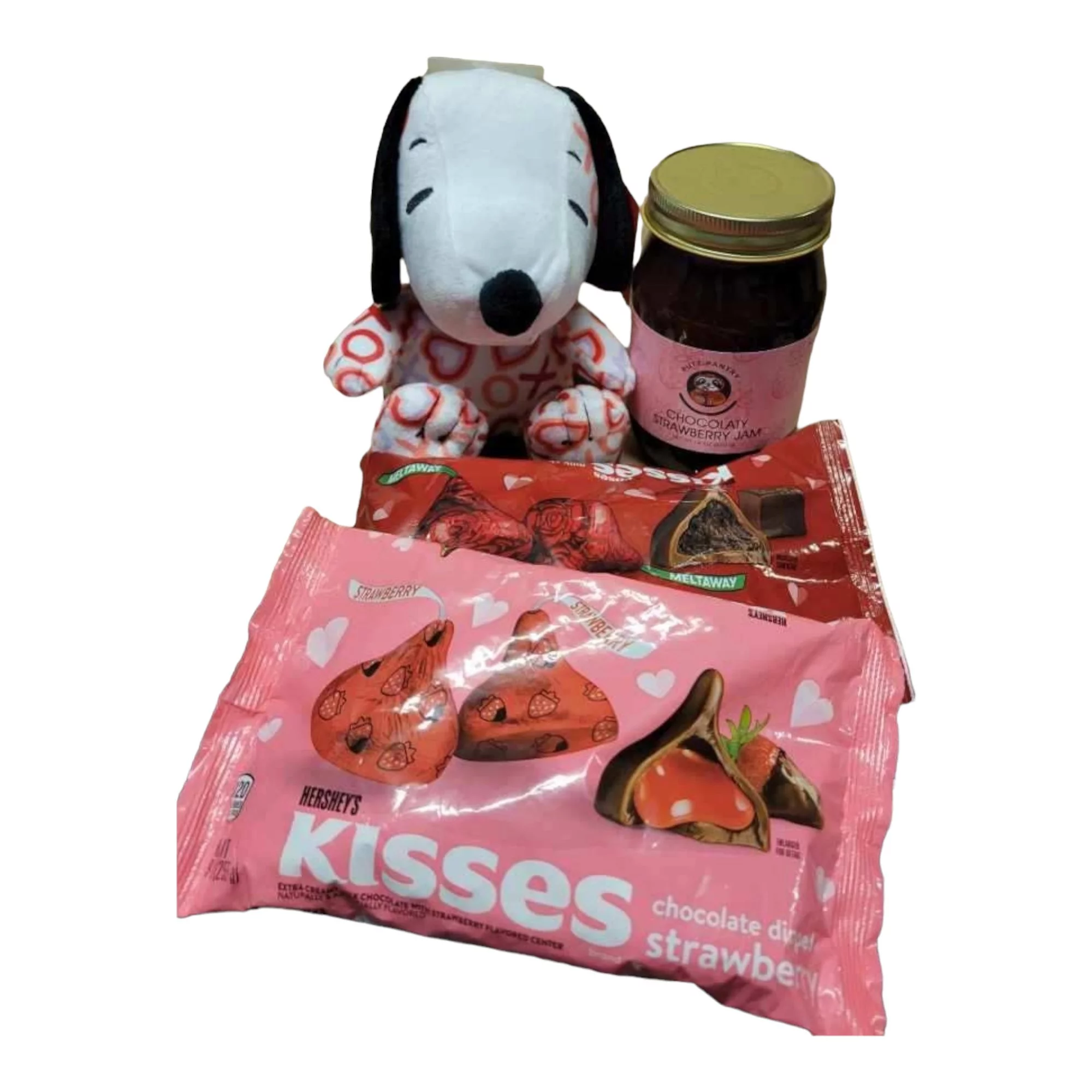Mothers Day Snoopy Kisses Bundle, 1 heart Snoopy plush, 1 9 oz bag of Hersheys chocolate dipped strawberry kisses, 1 9 oz bag of Hersheys milk chocolate meltway kisses, 1 18 oz jar of Putts Pantry...