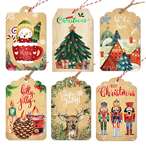Christmas Gift Tags 60 Count with Untied String (15 Assorted Foil, Printed Designs for Xmas Holiday Present Wrapping)