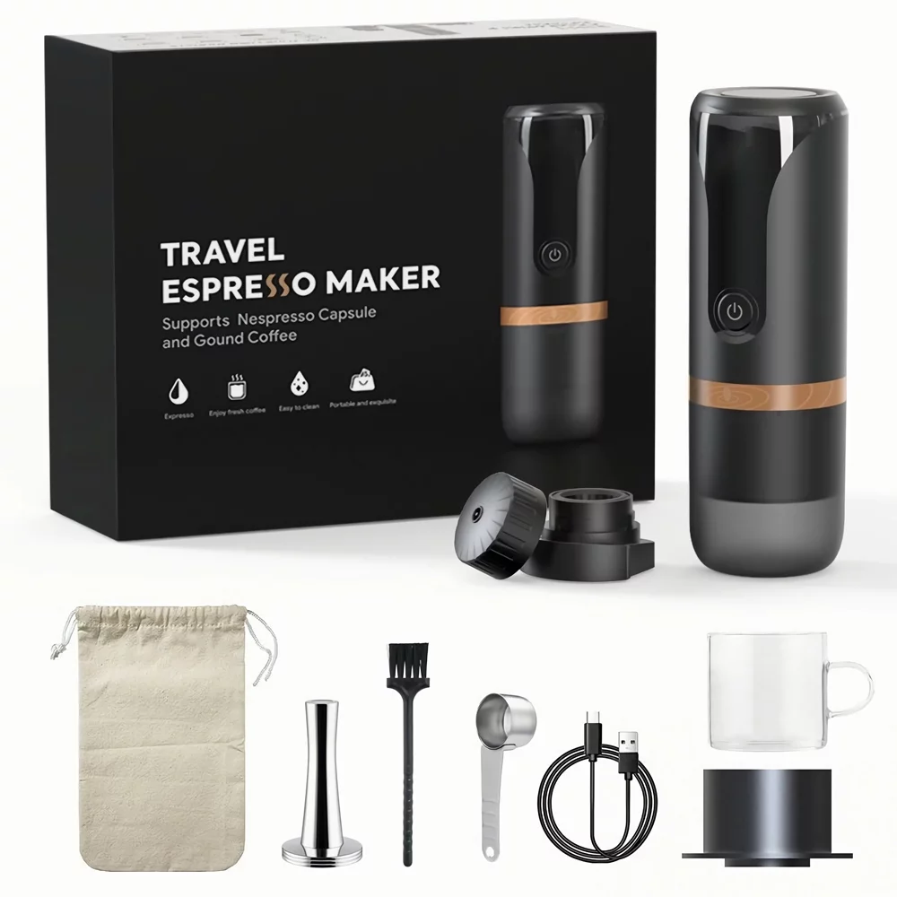 Tomfoto Portable Espresso Machine 9 Bar Pressure Rechargeable 2 in 1 Small Travel Coffee Maker Compatible with  Capsules Ground Coffee Perfect for Travel Camping Hiking Office Kitchen Black