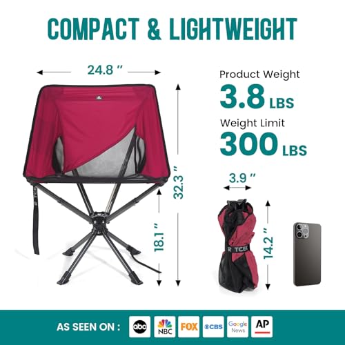 Swivel Portable Chair - Small Compact Collapsible Folding Chairs for Adults, Setup in 8 Seconds, Lightweight Outdoor Backpack Chair for Camping, Travel, Hiking, Beach, Support 300 LBS