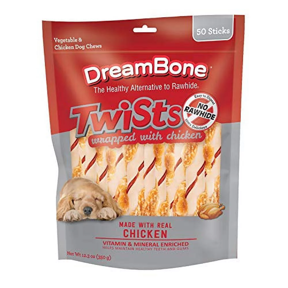 DreamBone Twist Sticks Chews Wrapped with Real Chicken 50 Count, Rawhide-Free Chews for Dogs, Multicolor, 50-Count