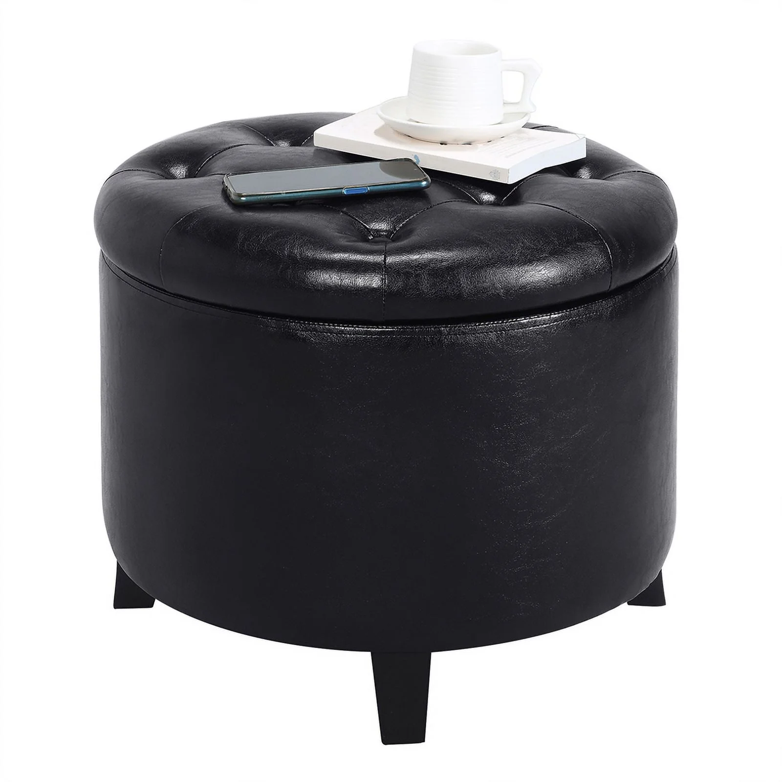 Pemberly Row Contemporary Round Storage Ottoman in Black Fabric