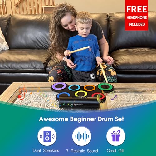 ROCKSOCKI Electric Drum Set, 7-Pad Kids Electronic Drum Set with Headphone Included, Roll-up Drum Practice Pad, Great Holiday Xmas Birthday Gift for Kids