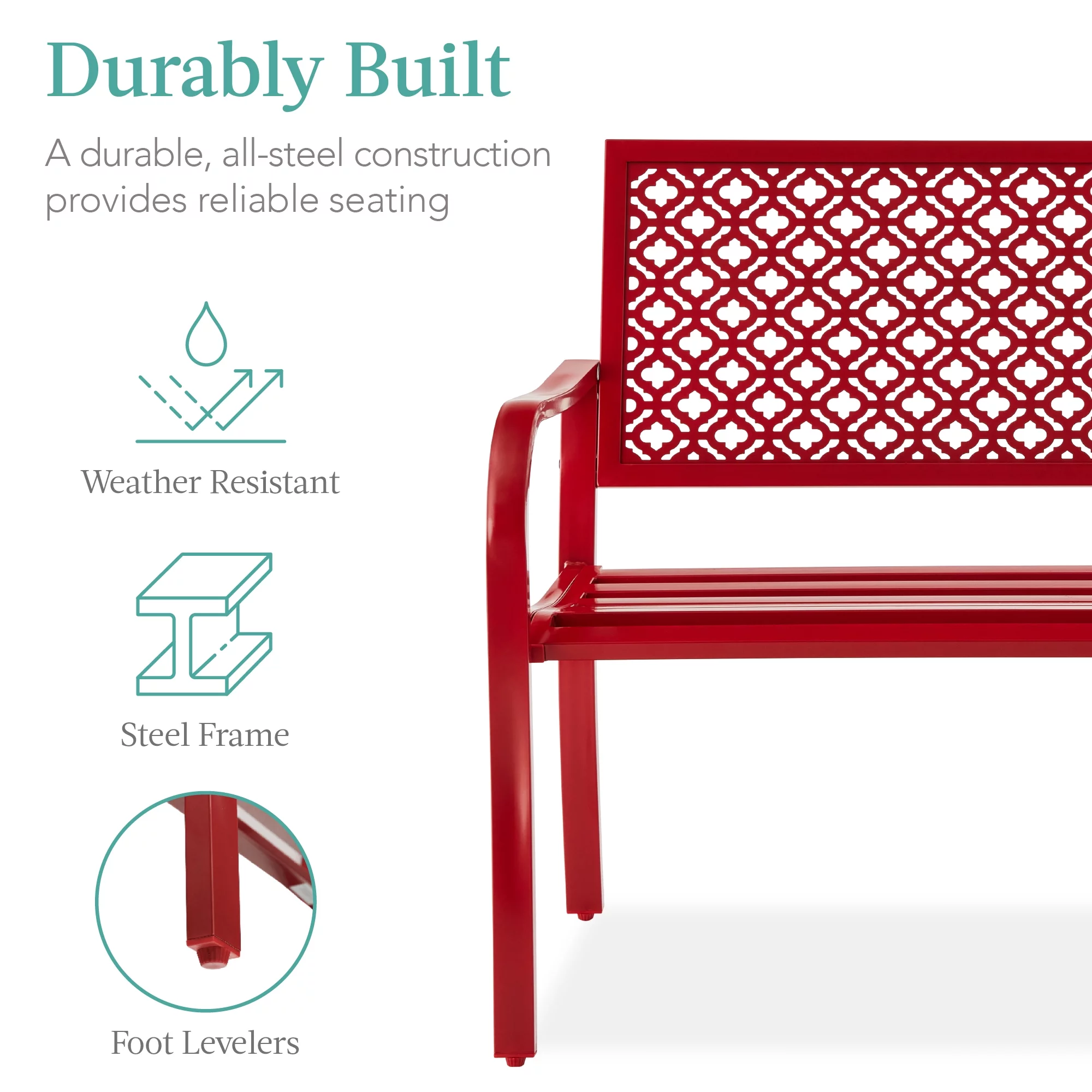 Best Choice Products Indoor Outdoor Steel Garden Bench w/ Geometric Backrest, Foot Levelers - Rose Red
