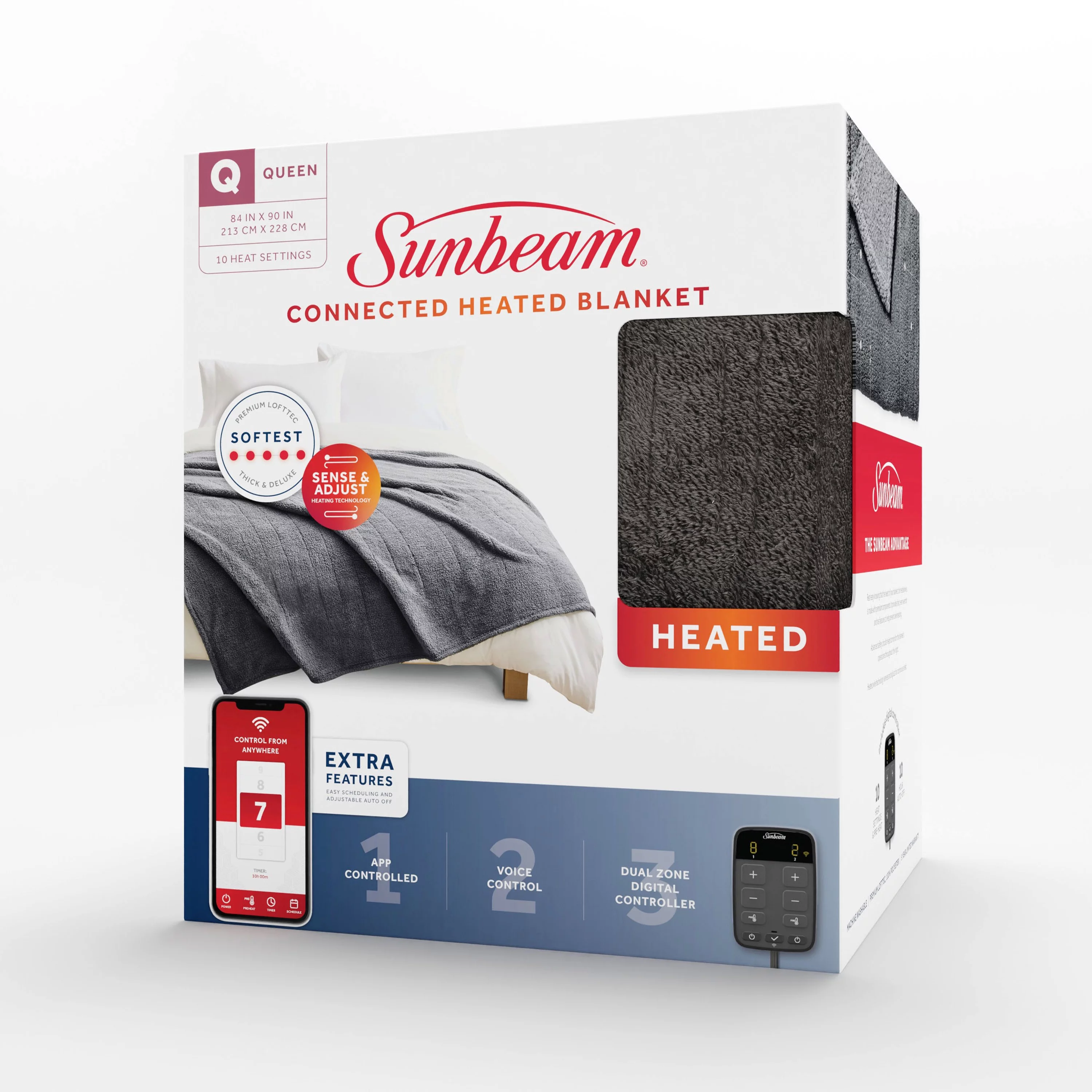 Sunbeam Loftec Wi-Fi Connected Electric Heated Blanket, Slate Gray, Queen