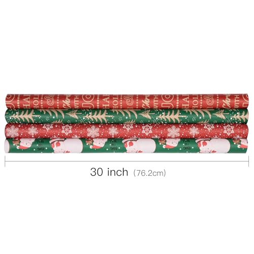 RUSPEPA Christmas Kraft Wrapping Paper - Owl, Reindeer, Christmas Ball and Text Design - 4 Rolls - 30 inches x 10 feet per Roll