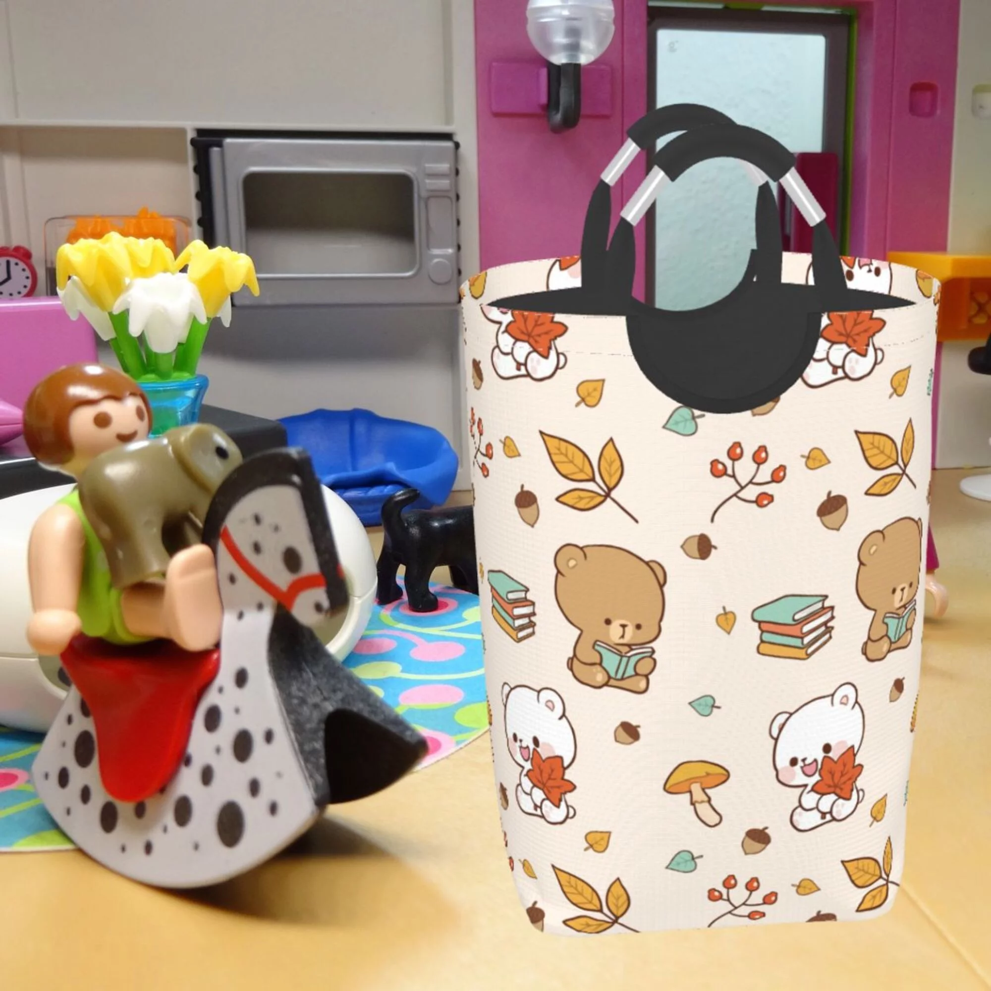 TEQUAN 50L Large Rectangular Laundry Hamper with Aluminum Handles, Cartoon Bear Animal Prints Waterproof Foldable Dirty Clothes Basket