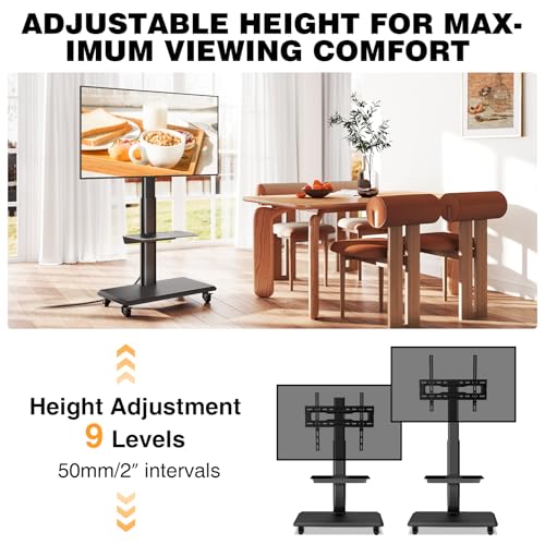 TVON Rolling TV Stand for 32 to 65 70 Inch TVs, Elegant Floor TV Stand with Wheels, Mobile TV Cart with 9 Levels of Height Adjustment for Optimal Viewing, White Floor Stand for Living Room