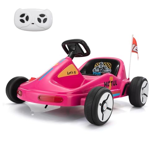 TOBBI Electric Go Kart for Kids, 12V Ride on Car Outdoor Pedal Race Toy with Music, Remote Control, Flashing Lighting, for 3-8 Years Old, Pink