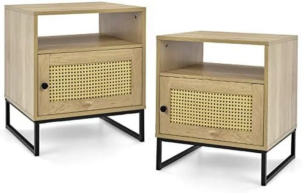 Rattan End Table  Indoor Sofa Side Table with Shelf & Rattan Door Cabinet  Steel Base  Wood Finish  Natural Style Nightstand Bedside Table for Bedroom Living Room  19 x 16 x 22 Inches