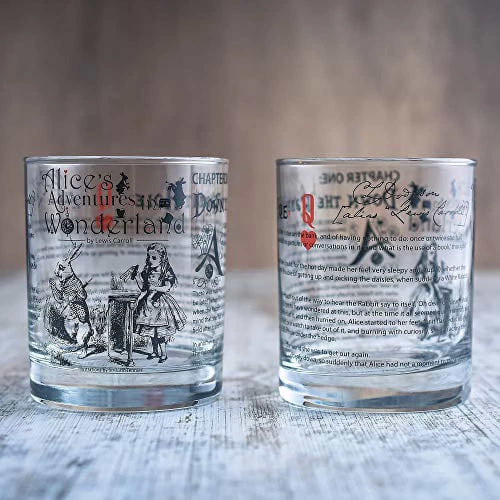 Alice in Wonderland Whiskey Glasses | Literature Rocks Glass with lewis carroll Book Images & Writing (Set of 2)