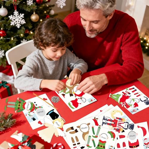 28 Pack Christmas Photo Frames, DIY Christmas Ornament Paper Crafts for Kids, Movable Snowman Angel Reindeer Xmas Keepsake Photo Decorations for Xmas Tree Winter Presents Home Party Decor