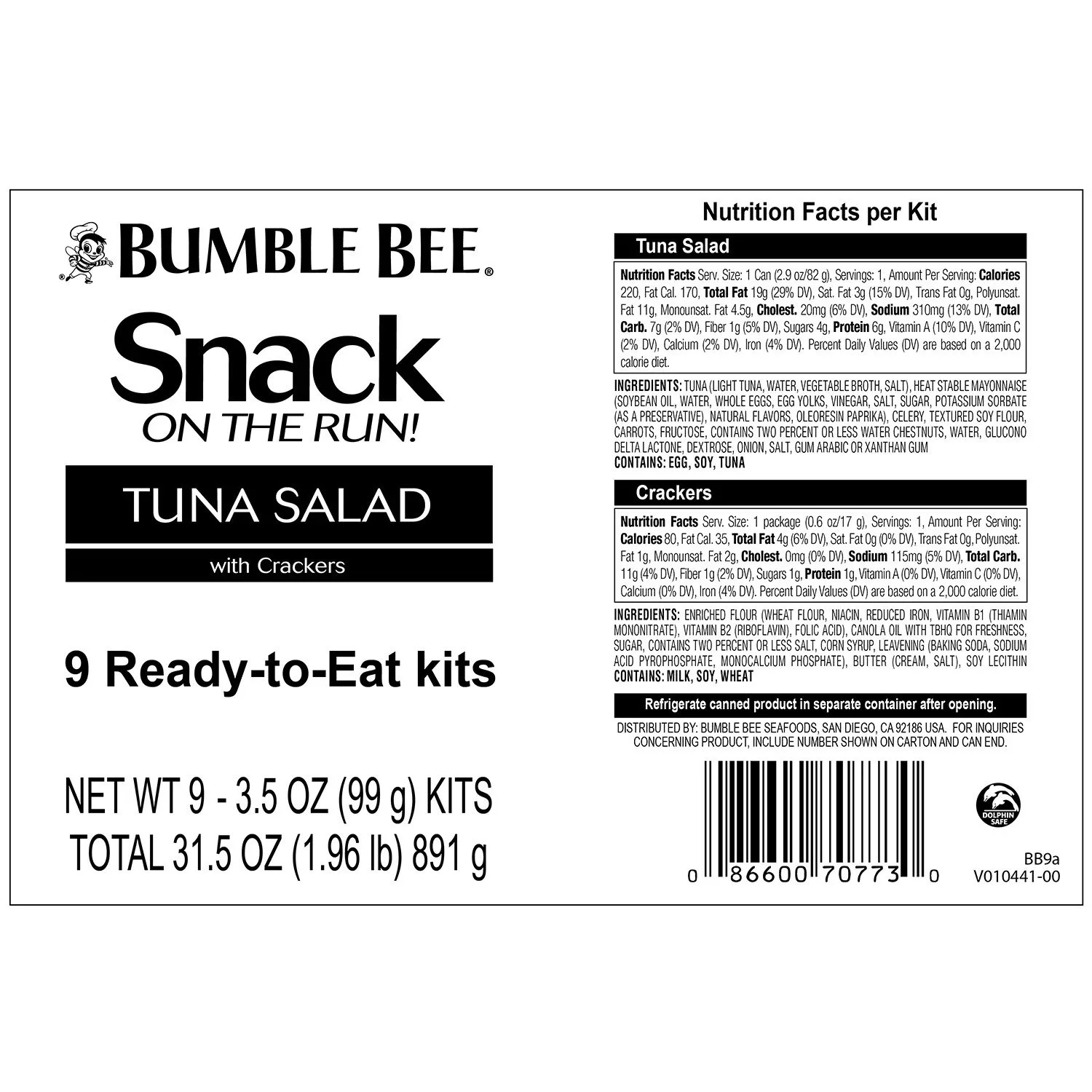 Bumble Bee Tuna Salad Snack on the Run, 9 pk./3.5 oz.