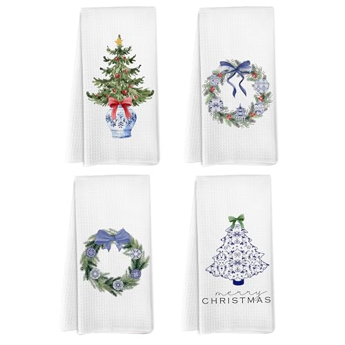 Chinoiserie Christmas Kitchen Towels Set of 4, Christmas Dish Hand Tea Towels for Kitchen, Blue and White Chinoiserie Decor for Bathroom Kitchen, Xmas Decorative Kitchen Towel, 16x24inch