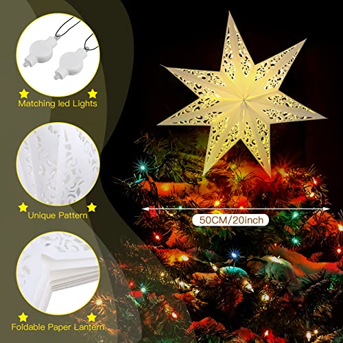 Kingdder Star Paper Lanterns Lampshade with LED Light 7 Pointed Moroccan Hollow out Stars Party Decoration for Weddings Christmas Tree Birthday, 20 Inches(Warm Yellow)