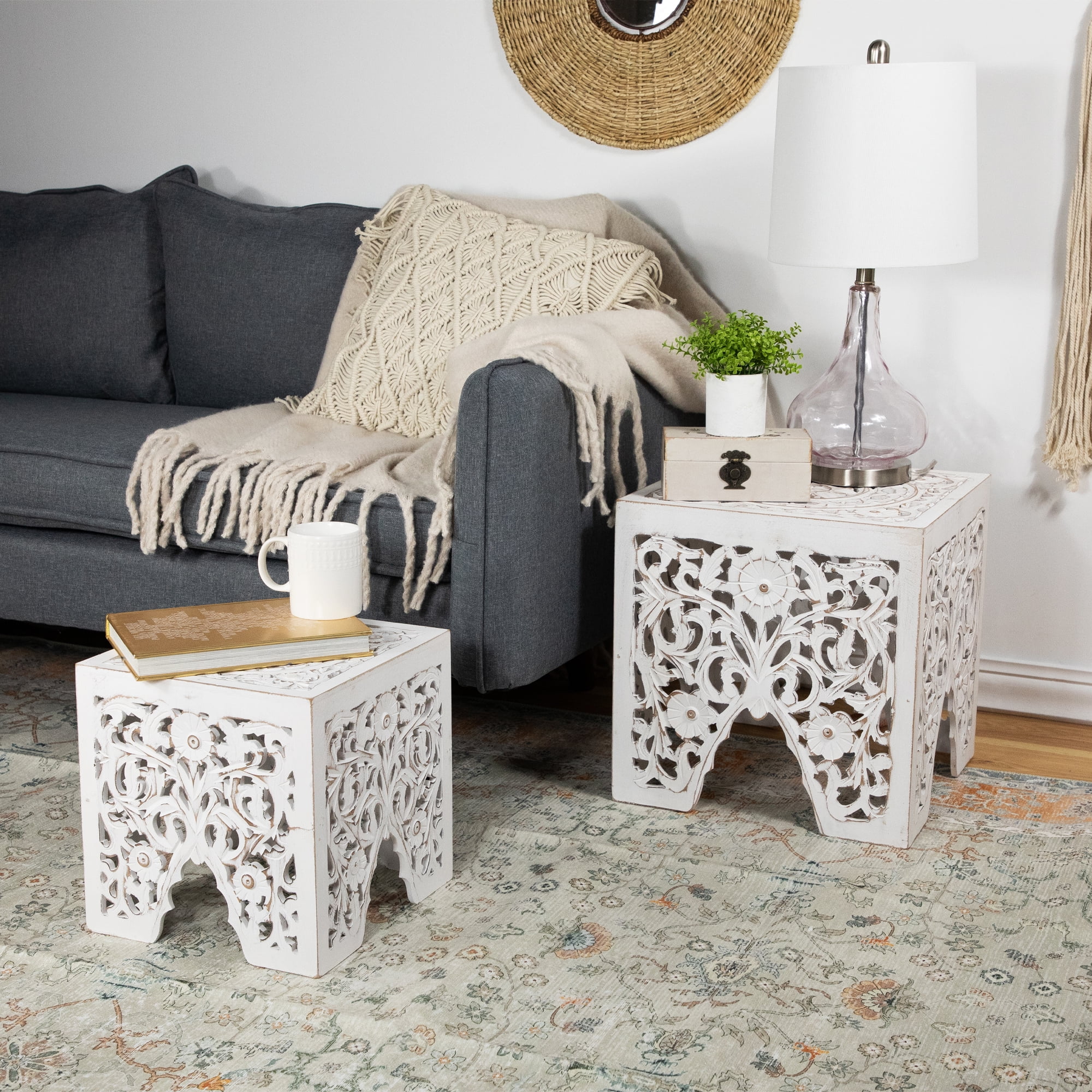 Set of 2 Antique White Square Stackable Nesting Side Table and Stool 16