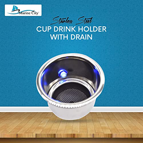 MARINE CITY Blue LED Light Cup Holder with Drain, Stainless Steel, Durable, Corrosion-Resistant, Easy Installation for Boats, Poker Tables, Yachts, Ships (Pack of 1)