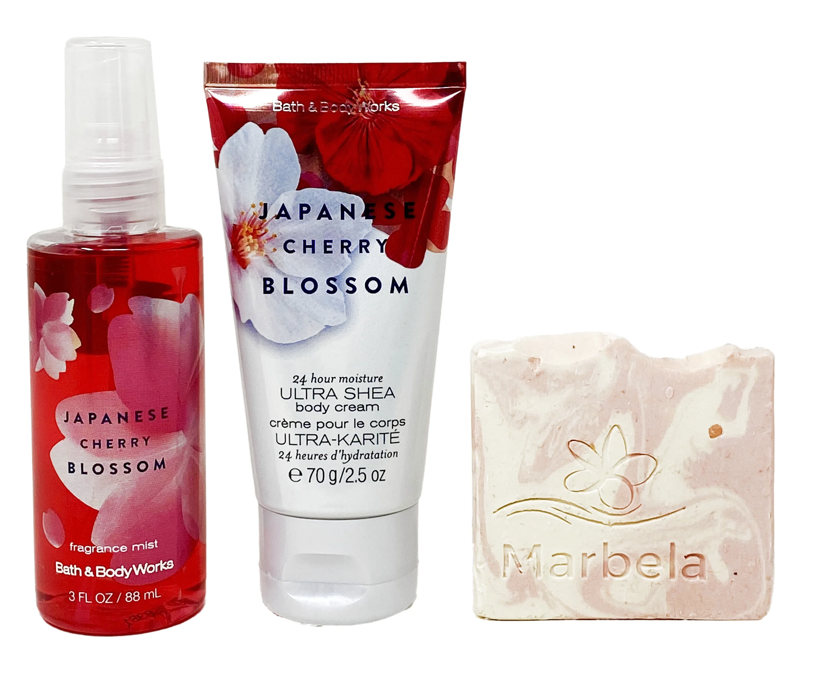 Bath & Body Works Japanese Cherry Blossom - Duo Set Travel Size - Fine Fragrance Mist and Body Cream With a Himalayan Salts Springs Sample Soap.