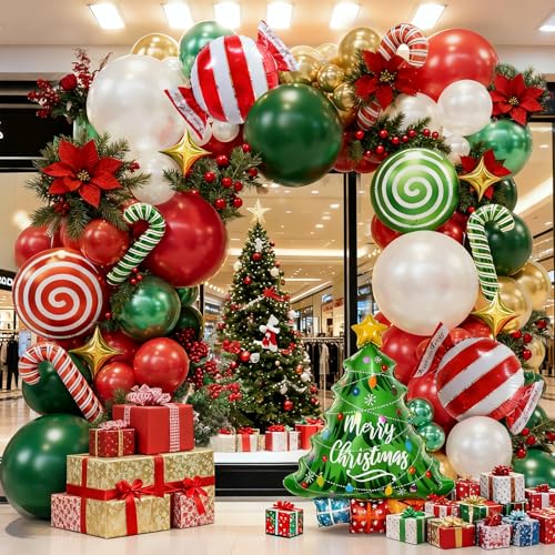 Bonropin 161pcs Christmas Balloon Garland Arch Kit with Red Green Pearl White Gold Metallic Green Balloons Candy Cane Xmas Tree Balloons Gold Star Balloon for Xmas Party Decorations