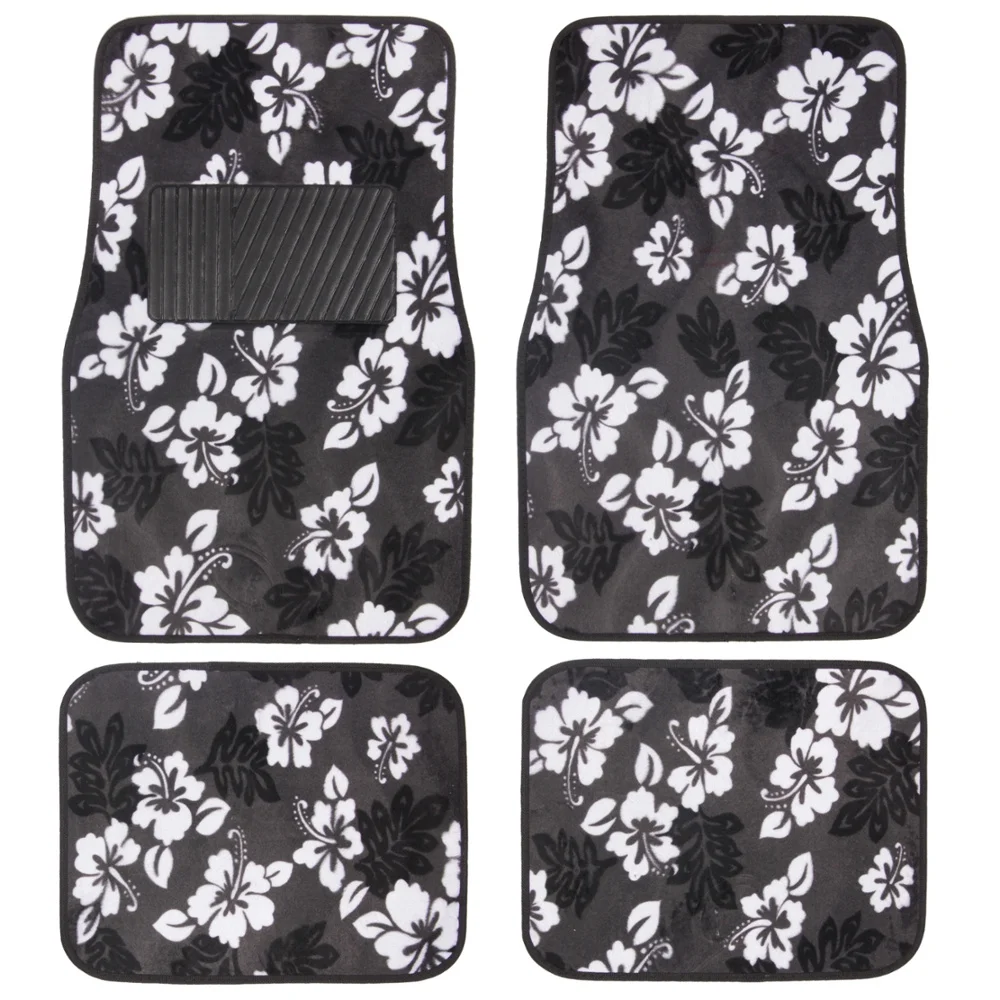 BDK Hawaiian Hibiscus Flower Design Carpet Floor Mats for Car Truck SUV - 4 Piece Set, Black & White