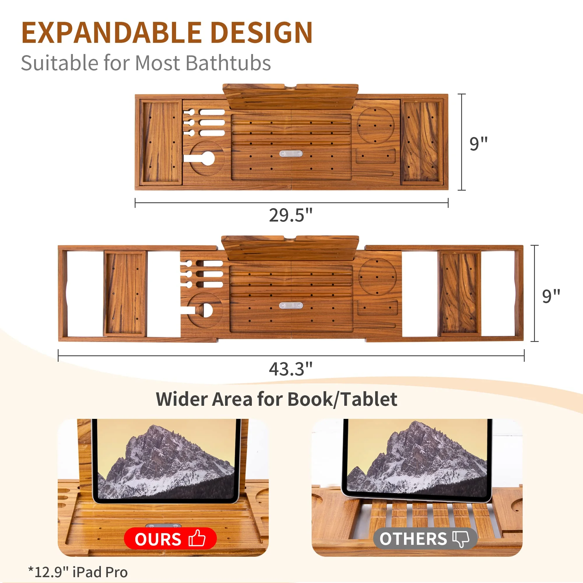 Teak Bathtub Tray Solid Wood Foldable Bathtub Caddy for Luxury Bath with Expandable Handles Wine Glass Phone Holder Book Stand,Natural