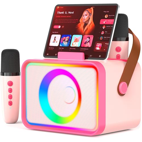 Karaoke Machine,Portable Bluetooth Speaker with 2 Wireless Microphone for Adults & Kids with LED Lights, Karaoke Microphone with PA System Supports USB/TF/AUX,Gift for Party (Black)