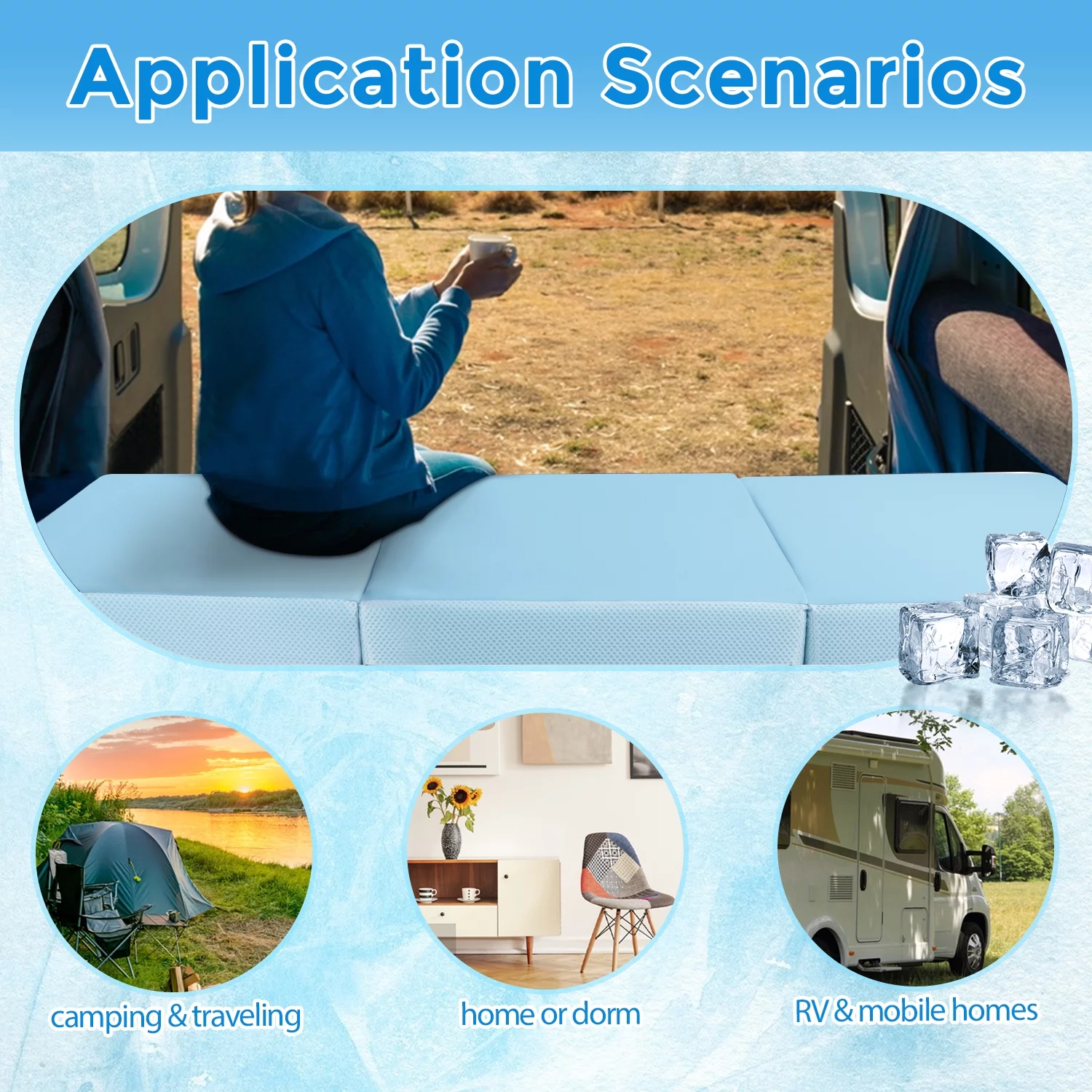 BYBYME 6 inch Folding Mattress, Cooling Memory Form Portable Trifold Mattress with Washable Cover and Non-Slip Bottom,Breathable Mesh Soft Portable Floor Mattress for Camping,Car, Guest,Blue,Twin