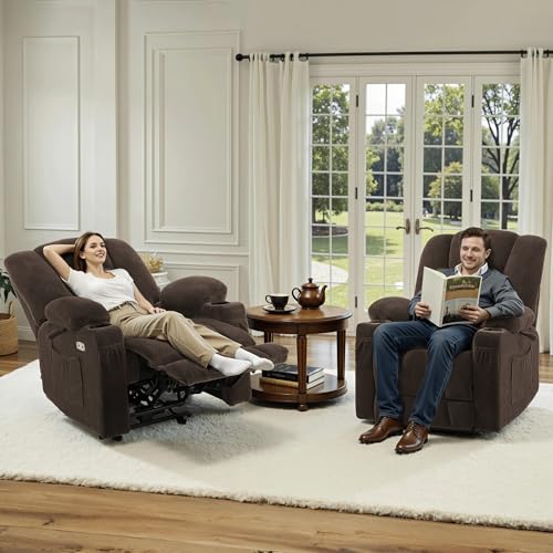 MCombo Zero Gravity Power Recliner Chair with Heat and Vibration Massage, Reclining Chair with USB & Type C Ports, Cup Holders for Living Room, Fabric 8015 (Brown)