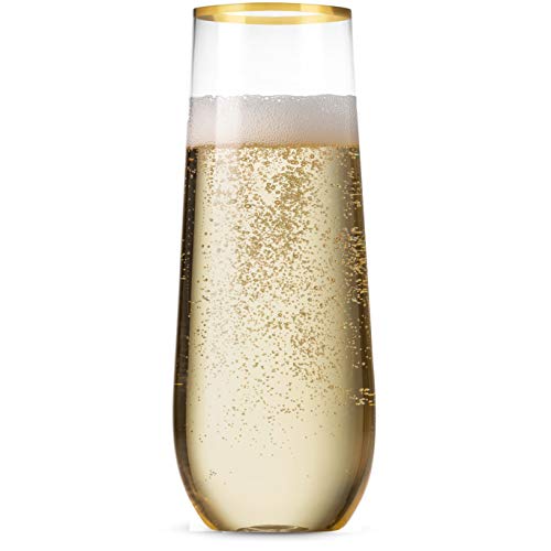 Munfix 48 Pack Stemless Plastic Champagne Flutes Disposable 9 Oz Gold Rim Clear Plastic Toasting Glasses Shatterproof Recyclable and BPA-Free