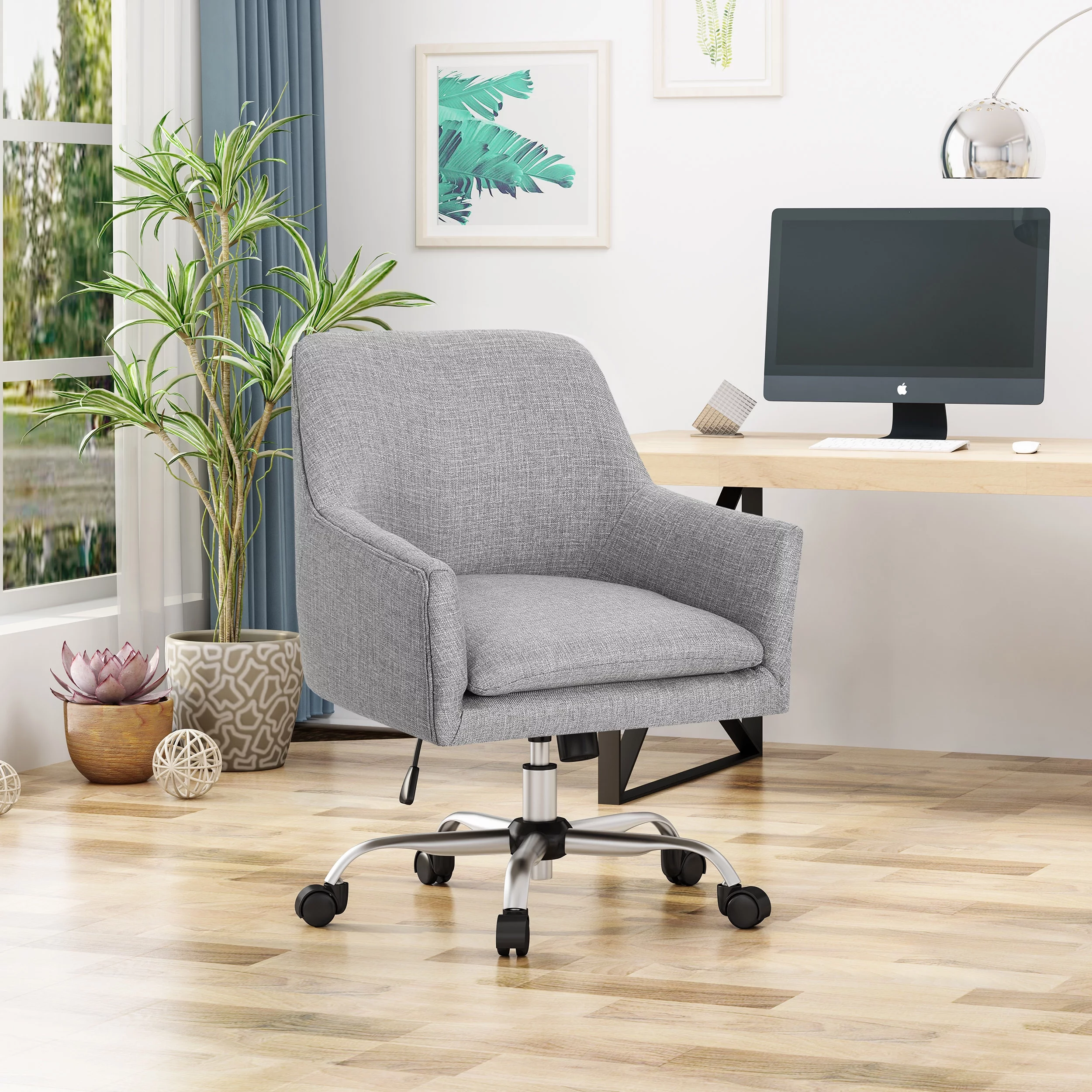 GDF Studio Morgan Mid Century Modern Fabric Home Office Chair, Gray and Chrome