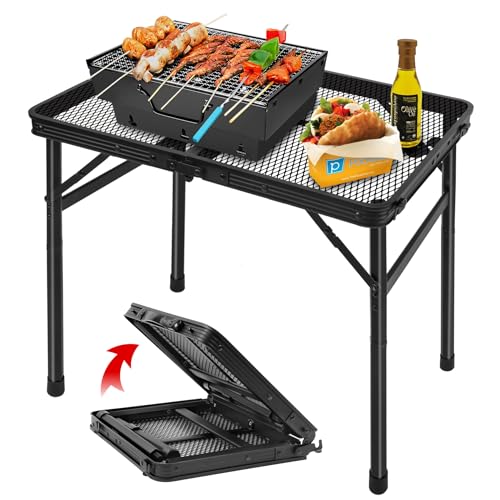 2.5 FT Picnic Table with 2 Wing Panels, Mesh Metal Folding Grill Table Height Adjustable & Lightweight & Portable Table for Outdoor Indoor Camping, Picnic, Beach and BBQ, RV