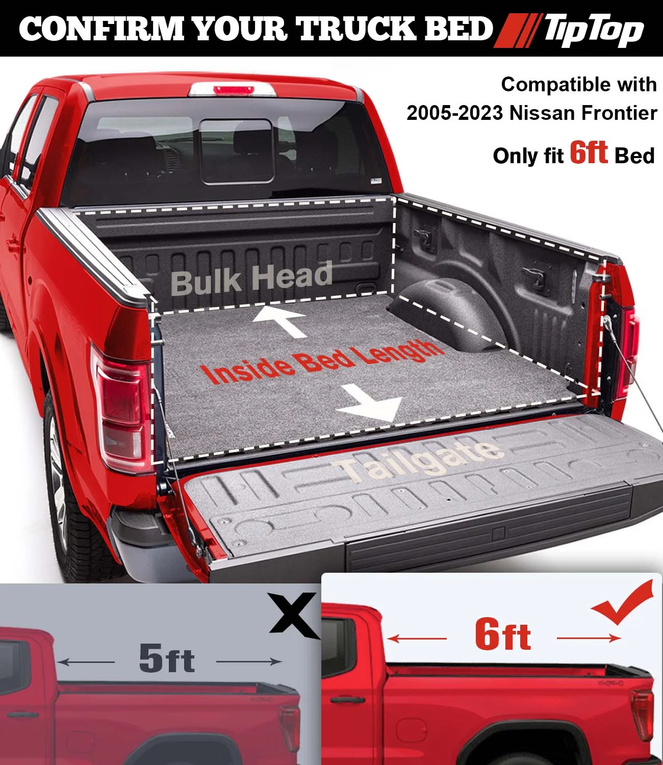 TIPTOP Tri-Fold Hard Tonneau Cover Truck Bed FRP On Top For 2005-2023 Nissan Frontier 6ft Bed (73.3