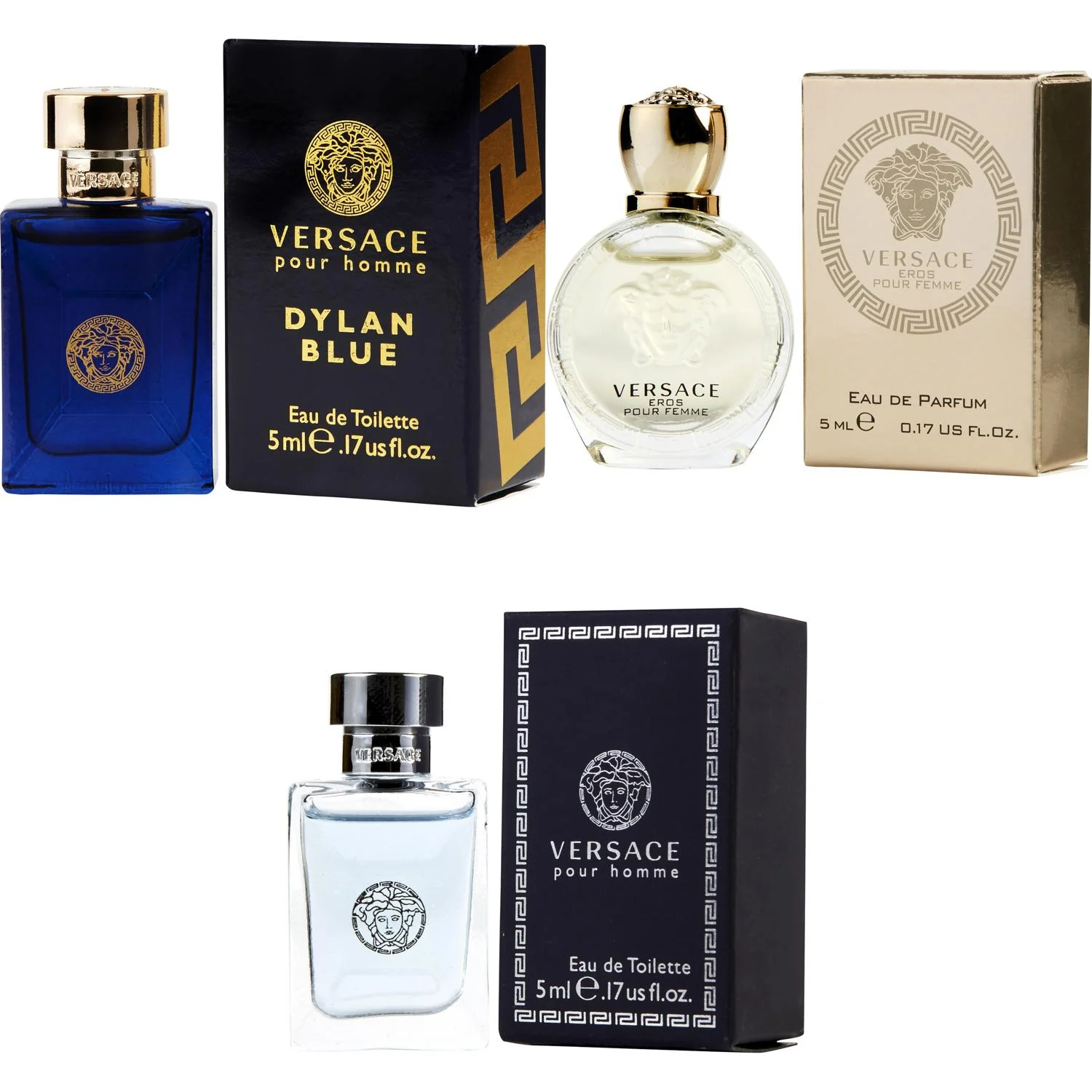 Versace Dylan Blue EDT, Eros Women EDP, Pour Homme EDT - 5ml 3PK Kit