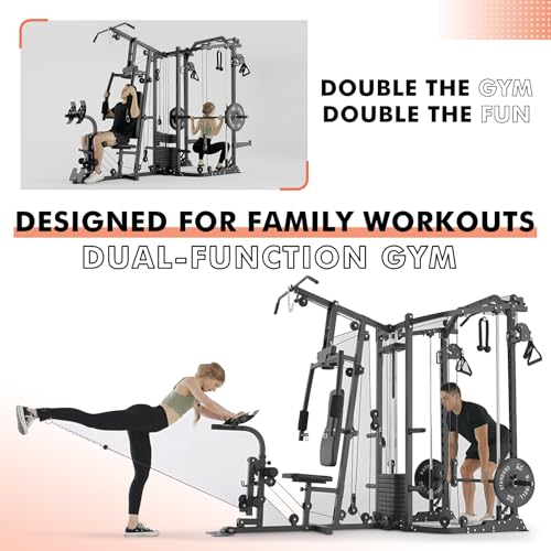 GMWD SmithΔ Machine Power Cage, Multi-Function Home Gym System with Cable Crossover System, Dual-Sided Workout Station with 121LBS Weight Stack, Power Rack, Functional Trainer, All in One Home Gym