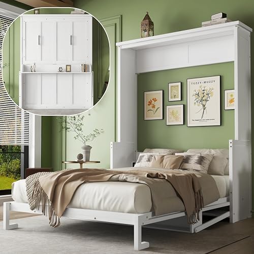 Queen Murphy Bed, Wood Hidden Wall Bed Frame with Desk and Gas Struts, Folding Cabinet Bed for Bedroom, Guestroom, Small Space, No Box Spring Needed, White