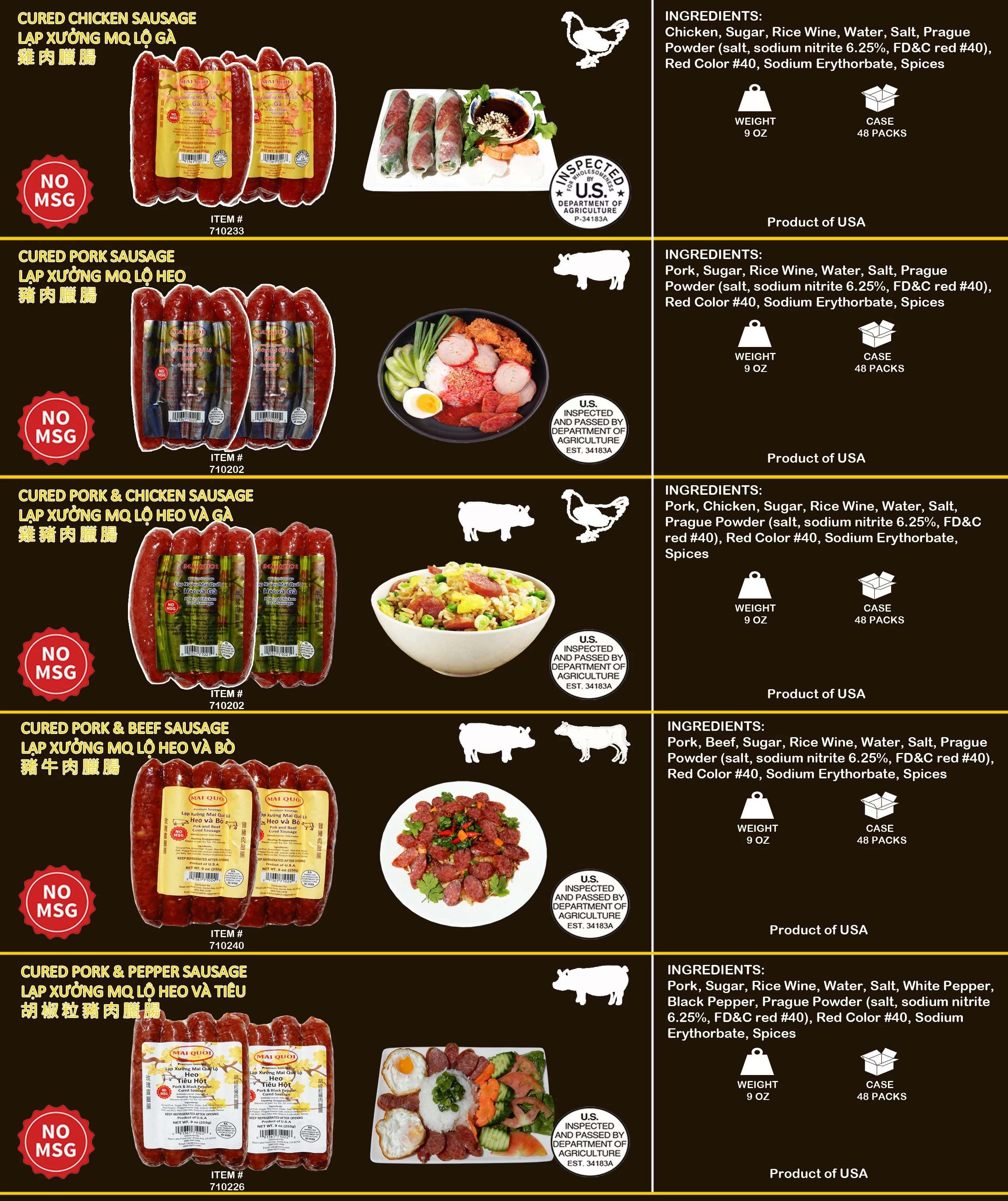 Cured Chicken Sausage Lap cheong Specialty Recipe net wt. 9oz x 6 packs- No MSG - Made In USA