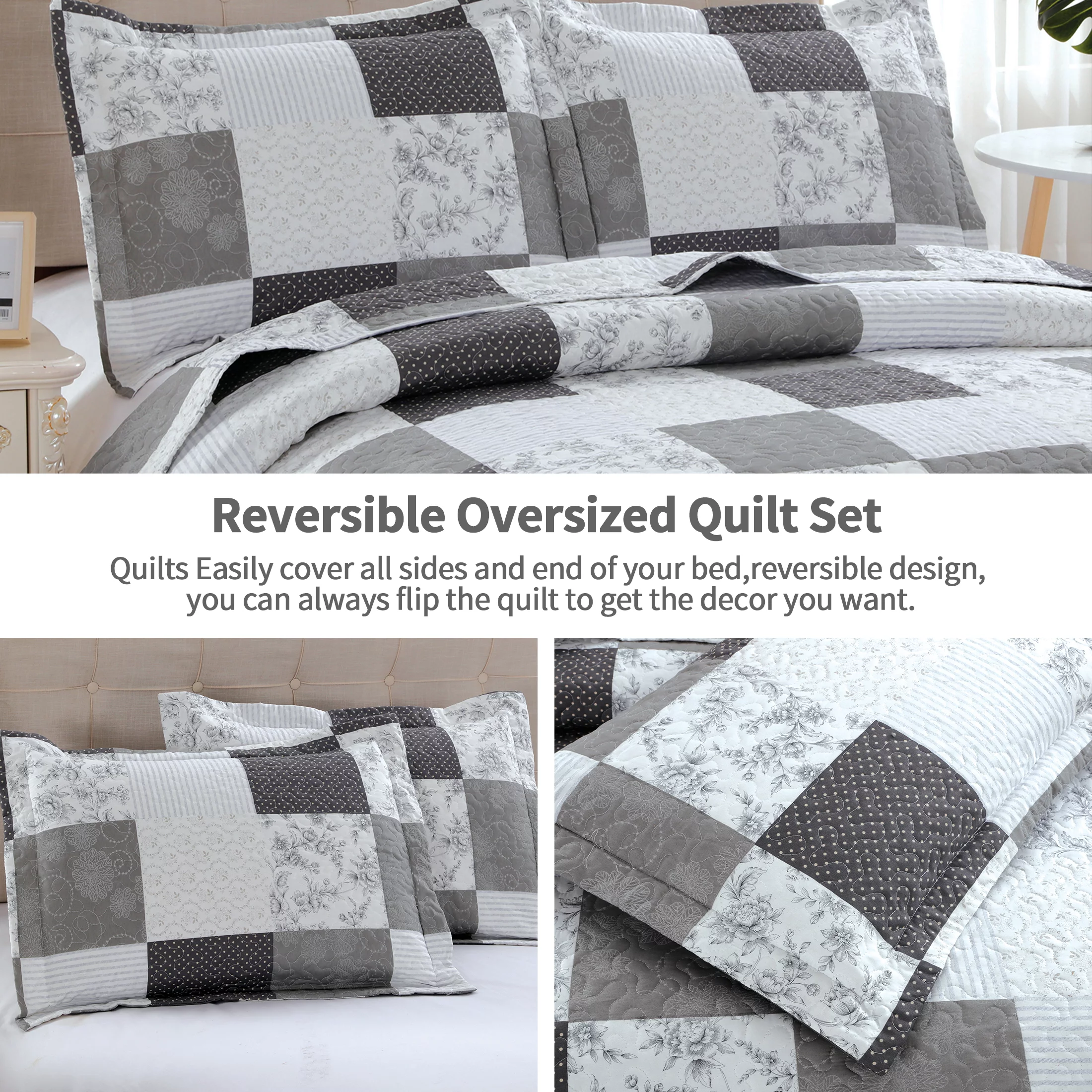Jessy Home Quilt Set Queen/Full Size Floral Bedspread Coverlet Black White Grey Plaid Patchwork Quilt Microfiber All Season Bedding