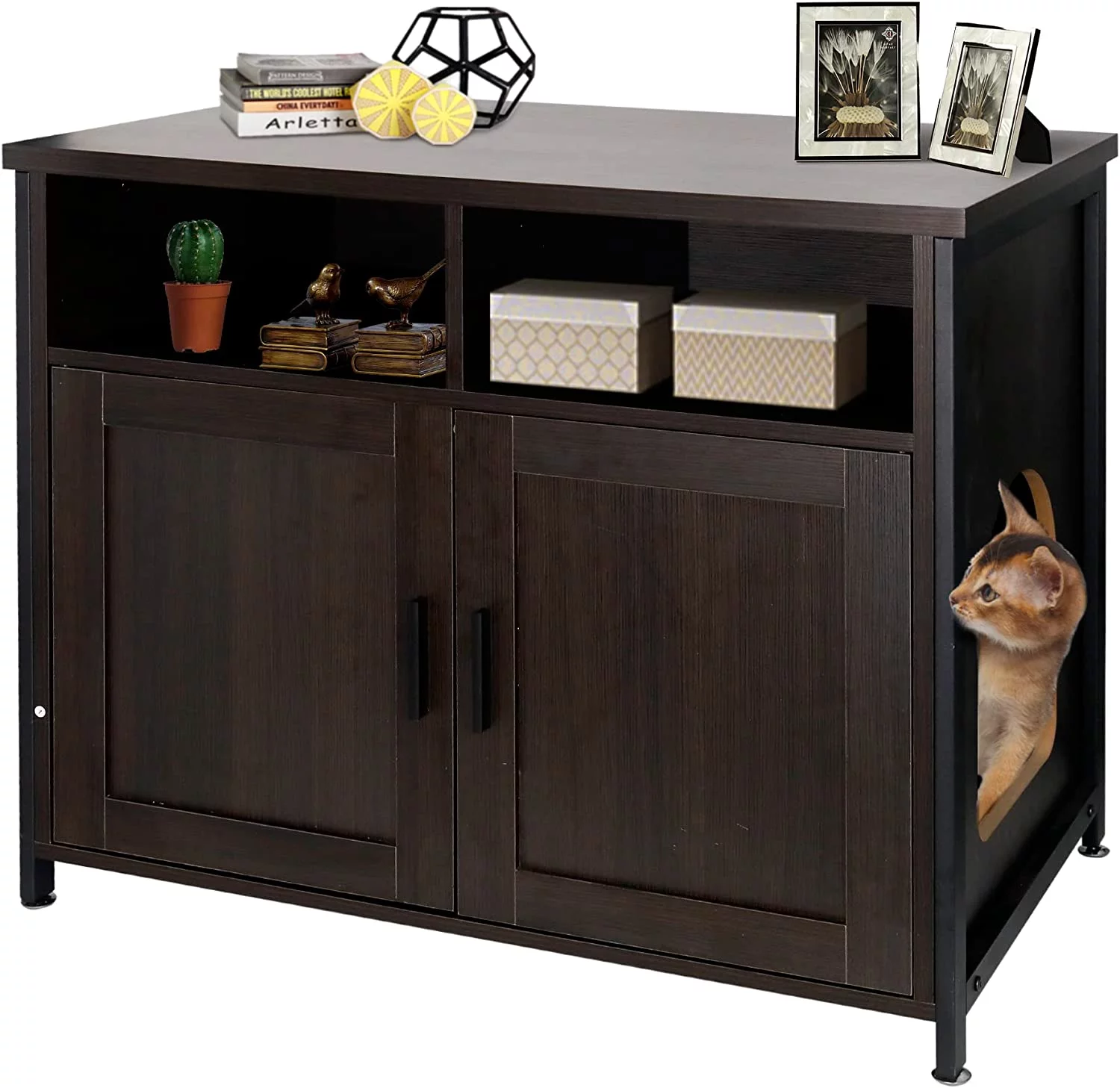 Reliancer Cat Litter Box Enclosure - Iron & Wood Furniture Hidden - Kitty Litter Box Cat Washroom with Storage Shelf, Interior Divider and Vent Holes - 2 Doors Cat House - Indoor Pet Crate Side Table