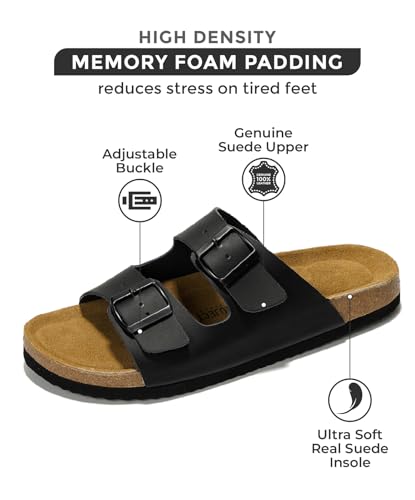 Project Cloud Genuine Leather Mens Sandals with Memory Foam Natural Cork Footbed Slides for Men Footwear - Non-Slip Double-Strap Buckle Summer Sandals (Arizona)