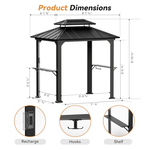 Modern Shade The Horizon Permanent Hardtop Gazebo 12' x 24' with 4 LED Lights, Outdoor Gazebo with Galvanized Steel Double Roof, Patio Pavilion w/Decor Hooks, Mosquito Netting and Curtains, Black